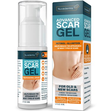 NUVADERMIS Scar Gel with Retinol, Allantoin, Vitamin E, Betaine - 1.7 Oz Silicone Gel Treatment for C-Section, Tummy Tuck, Keloid, Post-Surgery Scar Care - C Section Recovery Must Haves