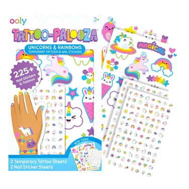 Ooly Set of 35 Unicorn &amp; Rainbow Temporary Tattoos and 192 Nail Stickers for Kids, Easter Activities for Toddlers, Non-Toxic, Safe Kids Tattoos, Party Favors, Goodie Bag Stuffers