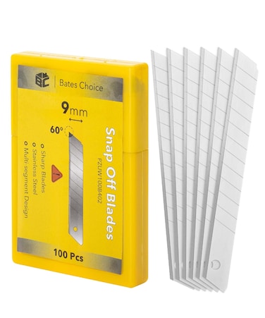 Bates- Snap Off Blades, 100 pcs, 9mm, 60 Degree, Sharp Blades Stainless Steel Razor Blades, Replacement Blades, 9mm Snap Off Blades