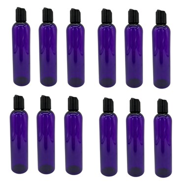 Natural Farms 8 oz Purple Cosmo Plastic Bottles -12 Pack Empty Bottle Refillable - BPA Free - Essential Oils - Aromatherapy   Black Press Down Disc Cap - Made in the USA