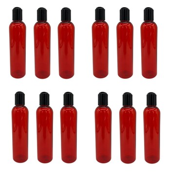 Natural Farms 8 oz Red Cosmo Plastic Bottles -12 Pack Empty Bottle Refillable - BPA Free - Essential Oils - Aromatherapy   Black Press Down Disc Cap - Made in the USA
