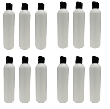 Natural Farms 8 oz White Cosmo Plastic Bottles -12 Pack Empty Bottle Refillable - BPA Free - Essential Oils - Aromatherapy   Black Flip Top Snap Cap - Made in the USA