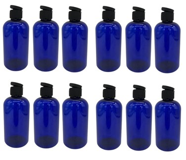 Natural Farms 8 oz Blue Boston Plastic Bottles -12 Pack Empty Bottle Refillable - BPA Free - Essential Oils - Aromatherapy   Black Flip Top Snap Cap - Made in the USA