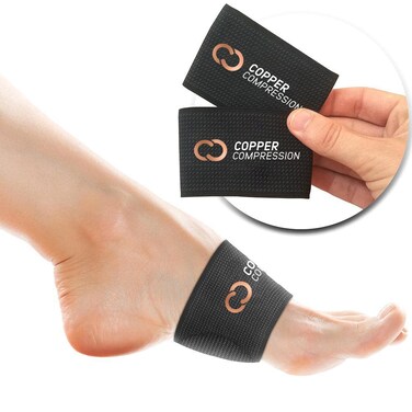 Copper Compression Copper Padded Arch Support - 2 Pain Relief Foot Care Brace Sleeves for Plantar Fasciitis, Heel Spurs - Wide Narrow Feet - Flat &amp; Fallen Arches, High Arch - One Size - 1 Pair - Black
