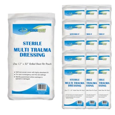 Primacare WT-7705-CS Pack of 25 First Aid Sterile Multi Trauma Gauze Pad Dressing for Stopping Heavy Bleeding in Large Open Wounds, Treating Lacerations and Piercing Injuries, 30" x 12", White