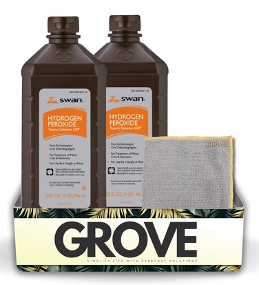 GROVE Swan Hydrogen Peroxide 32 oz Bundle with Microfiber Cloth - 3% Hydrogen Peroxide for Cleansing, First Aid, and Oral Hygiene - Multi-Purpose Solution - (3 Items)