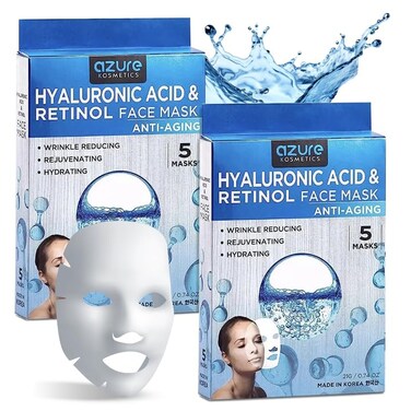 AZURE Hyaluronic Acid &amp; Retinol Anti Aging Facial Mask - Dermatologist Tested - Rejuvenating &amp; Hydrating Face Mask - Helps Reduce Fine Lines &amp; Wrinkles, Smooths &amp; Repairs - Korean Skin Care - 10 Pack