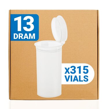 Pop Top Dram Bottles (Clear) 13 Dram - 315 Per Case -(2.75" Deep X 1.26" Wide) - Packaging Supplies - Dry Herb Containers - Child Resistant Smell Proof Container - Pill Vials - Rx Vial