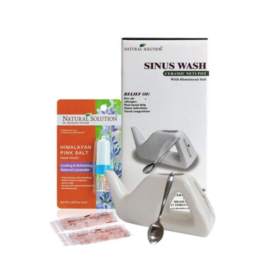 Natural Solution Himalayan Pink Salt Ceramic Neti Pot Sinus Rinse with Pink Salt Nasal Inhaler, Refreshing and Relaxing Sinus Pressure Relief (Gift Set 2 Pieces)