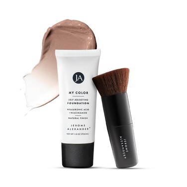 Jerome Alexander My Color Self-Adjusting Foundation, Hydrating &amp; Lightweight Face Makeup, Skincare-Infused, with Kabuki Brush, Medium Dark, 1 oz