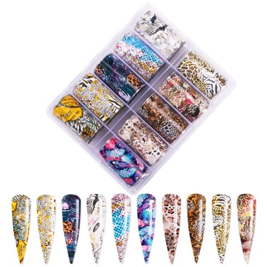 GOGOONLY 10 Rolls Nail Foil Transfers Stickers Peacock Leopard Tiger Animal Pattern Laser Nail Art DIY Designs Decals Decoration Manicure - BH000983
