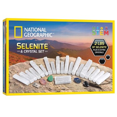 National Geographic Selenite Crystal Set - 2 lbs of Bulk Selenite Wands &amp; 5 Premium Crystals, Rose Quartz, Hematite, Aventurine, Blue Quartz, Raw Crystals, Gemstones