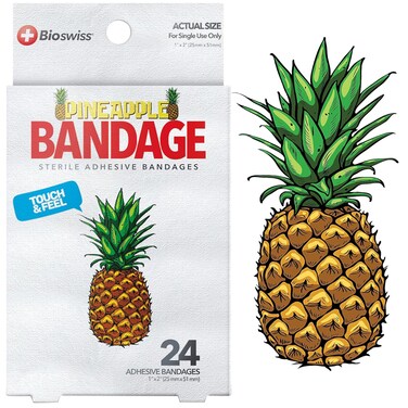 BioSwiss Bandages, Pineapple Shaped Self Adhesive Bandage, Latex Free Sterile Wound Care, Fun First Aid Kit Supplies for Kids, 24 Count