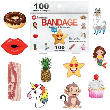 BioSwiss Bandages, Assorted Animal, Fun, and Food Shaped Self Adhesive Bandage, Latex Free Sterile Wound Care, 100 Count