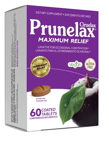 Prunelax Ciruelax Maximum Relief Laxative Tablets with Natural Senna for Occasional Constipation, Senna Extract, Vegan &amp; Gluten-Free, Gentle Overnight Relief - 60ct