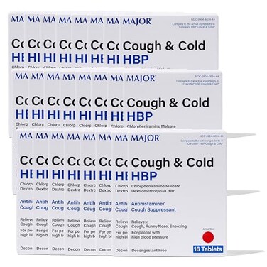 MAJOR Cough and Cold HBP Medicine - Antihistamine and Cough Suppressant for People with High Blood Pressure - Dextromethorphan HBr, Chlorpheniramine Maleate - 16 Tablets (24 Pack)