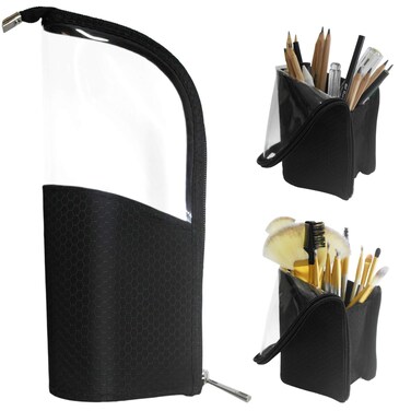 Black Travel Makeup Brush Holder, Organizer Bag Clear Plastic Cosmetic Zipper Pouch Portable Waterproof Dust-Free Stand-Up Small Toiletry Stationery Bag with Divider