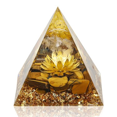 Hopeseed Orgone Pyramid Flower of Life Orgonite Money Healing Crystals Pyramid for Positive Energy with Tiger's Eye Stones and Luck White Crystal That Promotes Wealth, Prosperity and attracts Success
