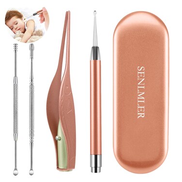 4 Pack Ear Pick with Light, Ear Cleaner Ear Wax Removal Tool Kit for Kids and Adults, Ear Picks Digger &amp; Tweezers &amp; Spiral Spring Ear Spoon Set with Storage Box (Rose Gold)