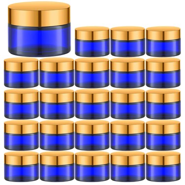 1 Oz Blue Round Glass Jars with Inner Liners and Gold Lids(24PCS) Empty Cream Containers Refillable Cosmetic Vials for Cosmetics, Lotions, Ointment, Body Scrubs &amp; Balms