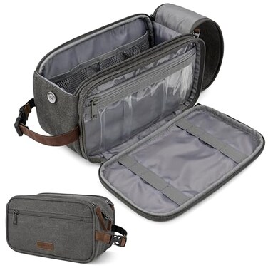PAVILIA Toiletry Bag for Men Women, Canvas Travel Dopp Kit, Water Resistant Hygiene Bag Toiletries Organizer, Shaving Kit Travel Accessories Bag, Grey