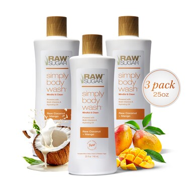 RAW SUGAR Simply Body Wash - Raw Coconut + Mango, Moisturizing &amp; Soothing Bath &amp; Shower Gel, Sulfate-Free, Paraben-Free &amp; Vegan (Pack of 3)