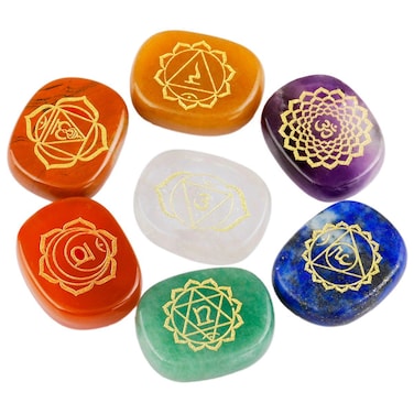 Rockcloud Healing Crystal 7 Chakra Stones Polished Engraved Palm Pocket Stone Reiki Balancing