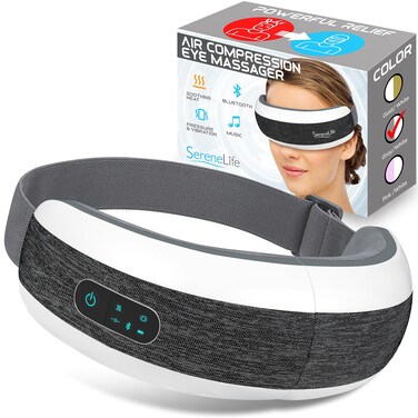 SereneLife Stress Therapy Electric Eye Massager, Vibration Massage Eye Relief, Wireless Digital Mask Machine w/Soothing Music and Relaxing Heat Compress, Built-in Battery &amp; Adjustable Elastic Band