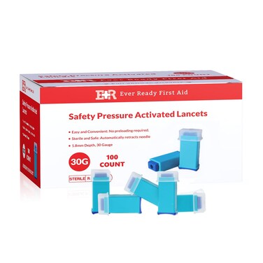 Ever Ready First Aid Safety Pressure Activated Lancets, Sterile Push Lancets with 30 Gauge for Blood Sugar Testing - 100 Count