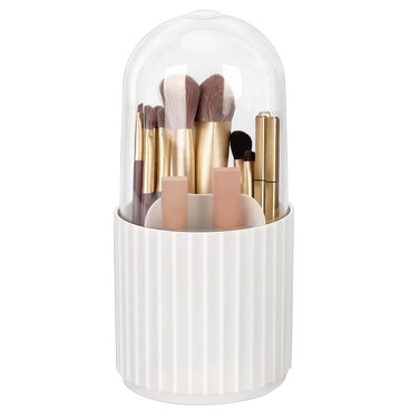 JessLab Makeup Brush Holder Organizer with Lid, 360 Degree Rotatable Makeup Brush Organizer Spinning Cosmetics Holders Brush Storage Box Display for Bathroom Vanity Countertop, White
