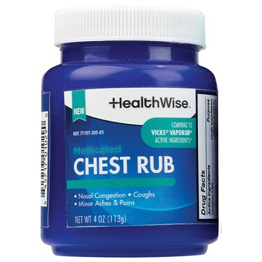 HealthWise Medicated Chest Rub   Cough suppressant   Relieves Nasal Congestion   Relieves Minor Aches and Pains   4 oz.