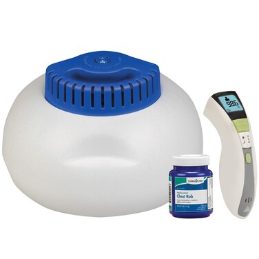 Seasonal Relief Bundle 3-Piece   Warm Steam Vaporizer   Forehead Thermometer   Medicated Chest Rub   Fast Relief During Cough Cold Season   Whole Family Care