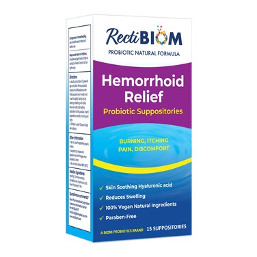 RectiBiom Probiotic Hemorrhoid Relief Suppositories with Skin Soothing Natural Ingredients, Fast Relief. Hyaluronic Acid and Turmeric Extract, Vegan, Gluten-Free Formulation