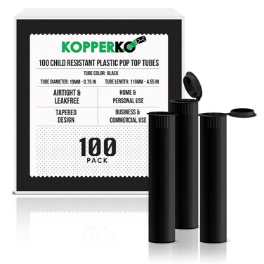 100 Pack 116mm Plastic Pop Top Tube - Child Resistant Pill Storage Containers for Herbs and Spices   UV and Moisture Resistant Medication Container   Airtight &amp; Waterproof Storage   Black