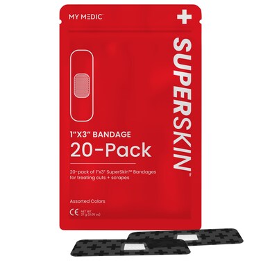 My Medic SuperSkin Bandages, 20-Pack Adhesive Bandages with Soothing Aloe, Latex-Free, 5X Stronger, 1" x 3" Flexible Fabric Bandages for First Aid and Skin Protection