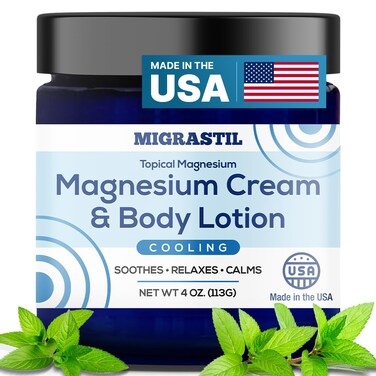 Cooling Magnesium Cream &amp; Body Lotion - Promotes Sleep and Soothing Relief for Sore Muscles, Leg Discomfort, Etc. 4oz. Made in The USA.