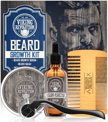 Beard Growth Kit - Oil, Balm, Serum, Derma Roller &amp; Wooden Comb for Beard &amp; Mustache Growth