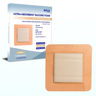 Areza Medical - Silicone Foam with Super-Absorbent Layer - Wound Dressing - Waterproof - with Silicone Adhesive Border - Sterile - 4" x 4" - 10 PCS per Box - FSA/HSA Approved