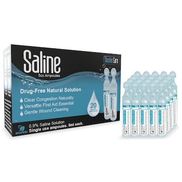 Saline Ampoules - Saline Solution for Nebulizer, Sodium Chloride 0.9% for Nose &amp; Eyes, Nasal Cleanse for Babies, Kids, &amp; Adults, Sterile Nasal Care, Wound Cleansing - 20 Count (5ml Each)