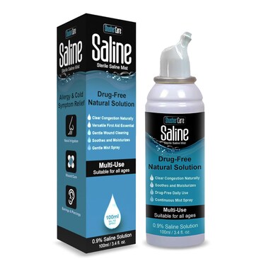Saline Spray for Nose - Nasal Spray Saline Solution for Newborn, Baby &amp; Adults, Salt Water Decongestant Mist for Stuffy Nose, Travel Friendly, Natural, 0.9% Saline - 100 ml (3.4 fl oz)