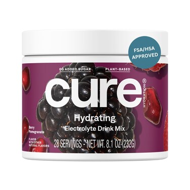 Cure Hydration   Plant-Based Electrolyte Drink Mix   No Added Sugar   FSA &amp; HSA   Dehydration Relief Powder Made with Coconut Water   Non-GMO   Vegan   28 Servings Jar - Berry Pomegranate