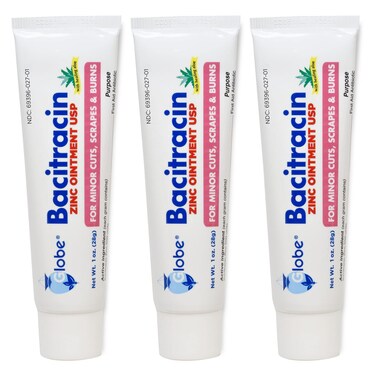 Globe (3 Pack) Bacitracin Zinc Ointment + Aloe 1oz - Maximum Strength Antibiotic for Wound Healing - Topical Medicated Solution for Cuts, Burns, Scrapes - Skin Infection &amp; First Aid Essentials