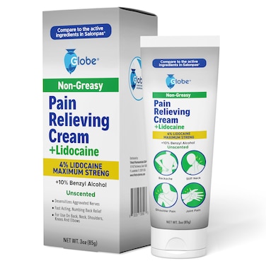 Globe Pain Relieving Cream Plus 4% Lidocaine, Maximum Strength Numbing Relief, Fast Acting Topical Therapy for Muscle Aches, Joint Pain, Backache, Neck Pain, Soreness, Sprains &amp; Spasms, Unscented, 3oz