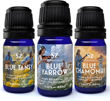 We Got the Blues, Essential Oils Collection- Blue Tansy + Blue Yarrow + Blue German Chamomile -Set of 3 Bottles (6.5ml each)- 100% Pure, Natural &amp; Undiluted - Therapeutic Grade &amp; Vegan