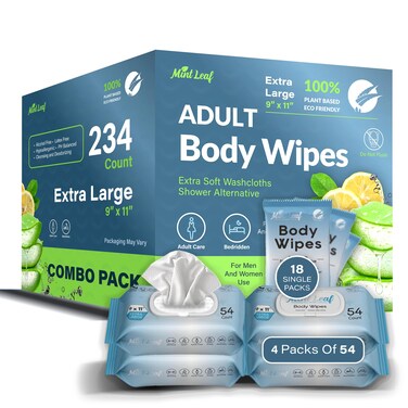 XL Adult Body Wipes   Bath Wipes For Adults Bathing No Rinse   Hypoallergenic Wipes For Incontinence And Cleansing Elderly   With Vitamin E Aloe Scent   4 Packs 216 Count + 18 Indv Wipes