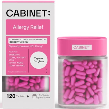 Cabinet: Diphenhydramine 25mg Allergy Relief Antihistamine Tablets for Allergies, Hay Fever, and Runny Nose, 120 Tablets (Refillable Glass Bottle)