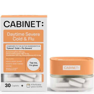 Cabinet: Non-Drowsy Cold &amp; Flu Multi-Symptom Relief for Congestion, Headache, Sore Throat, Aches, Fever (Refillable Glass Jar)