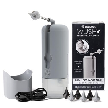 Wush Pro by Black Wolf - The Original Deluxe Water Powered Ear Cleaner with 6 Reusable Replacement Tips by Black Wolf - Safe &amp; Effective for Ear Wax Buildup - Electric Ear Wax Removal Kit (Grey)