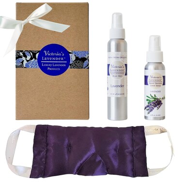 Victoria's Lavender Luxury Aromatherapy Eye Mask Pillow, Body Mist 4 oz, Pillow &amp; Linen Spray 2.5 oz with Lavender Essential Oil, Gift Set Ideal for Lavender Lovers, Soothing Comfort - (Set of 3)