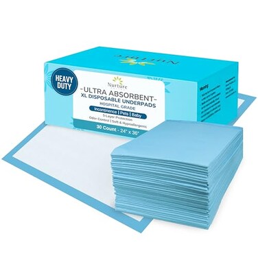 30 Heavy Duty 24 x 36 Ultra Absorbent Bed Pads by Nurture   Waterproof Disposable Chux Liners, Underpads, Adult Incontinence Chucks   Hospital Grade